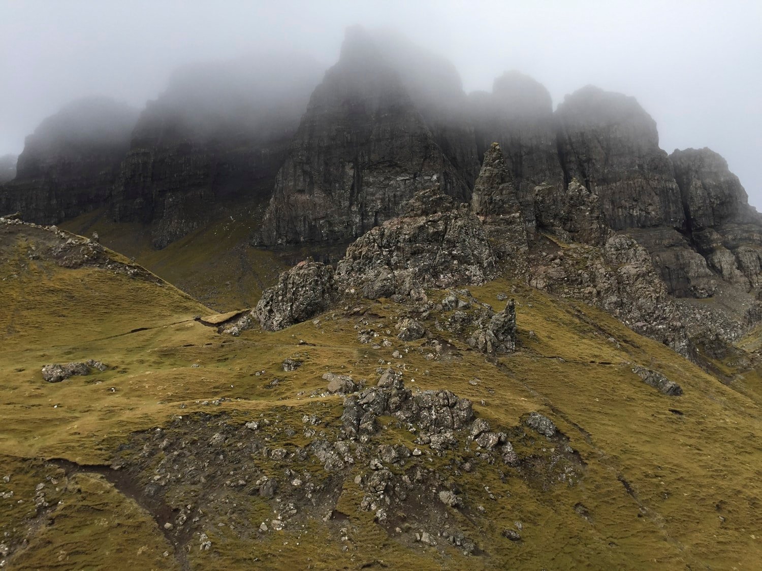 Quiraing massif close-up, cliff face in fog