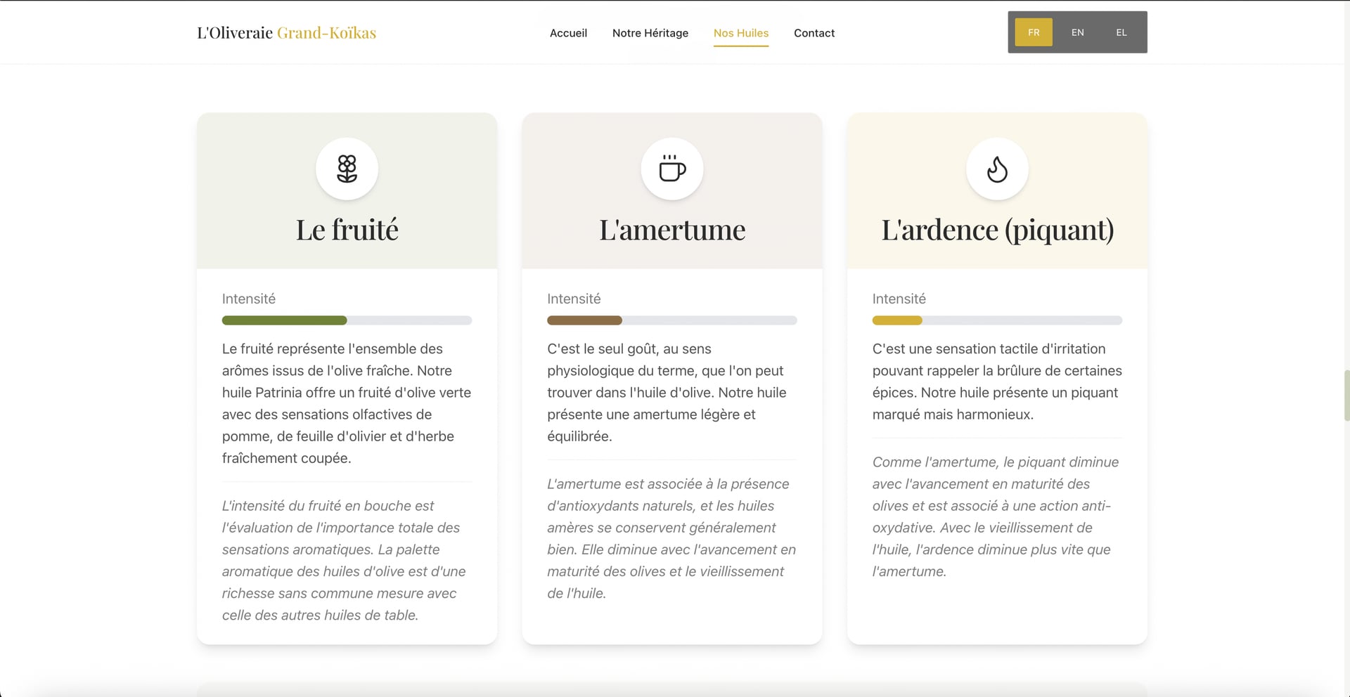 Page Nos Huiles, profils organoleptiques