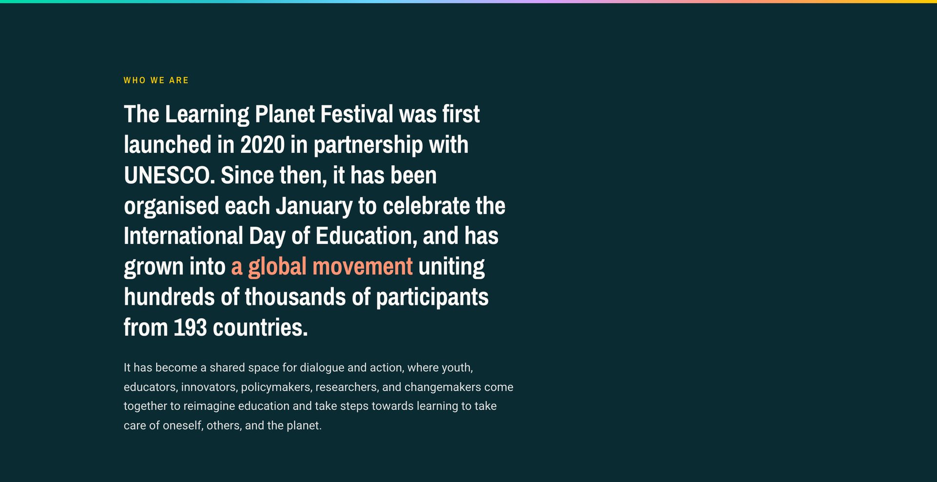 Who we are section, a festival led by the Learning Planet Institute and UNESCO